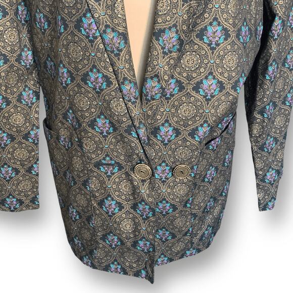 Vintage 90s Black Oversized Brocade Jacquard Blazer Metallic Statement Jacket - Picture 4 of 12